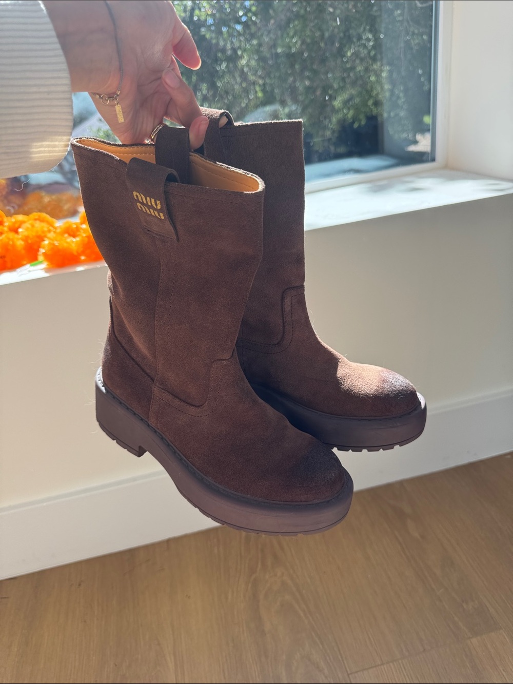 Miu Miu Kids Dark Brown Suede Pull-On Boots